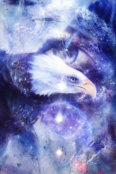 Malarstwo Orzeł z kobieta oko na streszczenie tło i Symbol Yin Yang w przestrzeni z gwiazd. Skrzydła do latania, Usa symboli swobodę - Zdjęcie, obraz