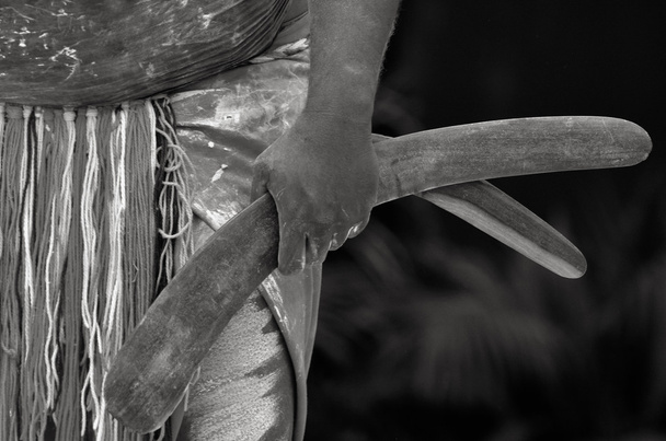 Yugambeh homem guerreiro aborígine mão segura bumerangues
 - Foto, Imagem