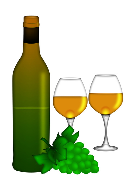 witte wijn fles en twee glazen en tros druiven - Foto, afbeelding