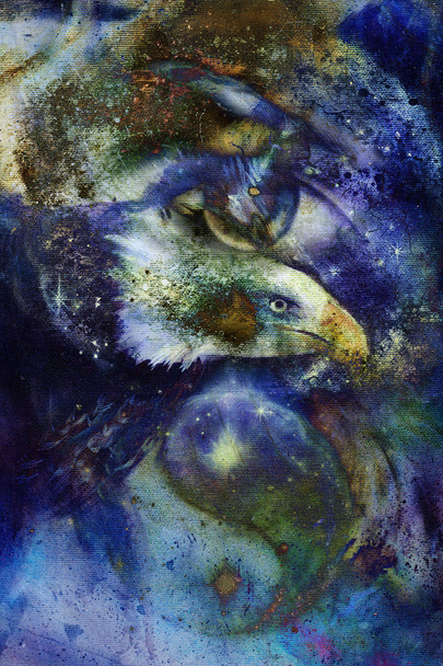 живопис орел з жінкою очей на абстрактним фоном і інь-ян символів в просторі із зірками. Крил літати, США символи свободи - Фото, зображення