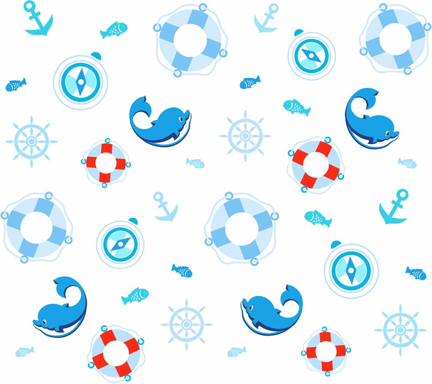 Background seamless, dolphins, fish, compasses, lifebuoy, color, flat. - Vector, Image