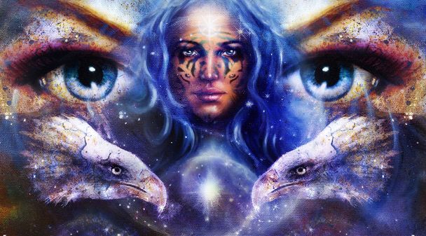 Diosa Mujer con tatuaje ornamental en la cara, en el espacio y estrellas de luz con águilas cabeza, ojos mujer. Contacto visual, Fondo de color abstracto
. - Foto, imagen