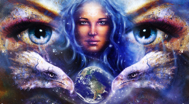Goddess Woman in space with light stars and eagles head, eyes women with earth. Eye contact, Abstract color background. - Photo, Image