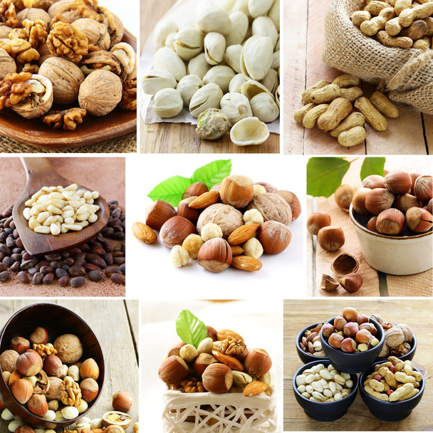 koláž směs ořechů (mandle, lískové ořechy, vlašské ořechy, pistácie, arašídy, piniové oříšky) - Fotografie, Obrázek
