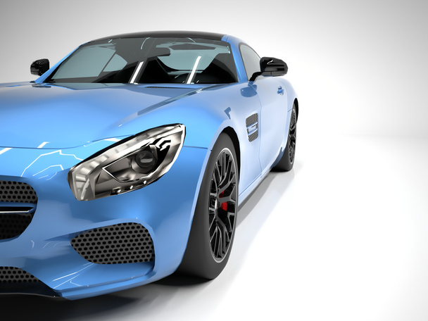 Sportwagen Frontansicht. das Bild eines blauen Sportwagens auf weißem Hintergrund. - Foto, Bild