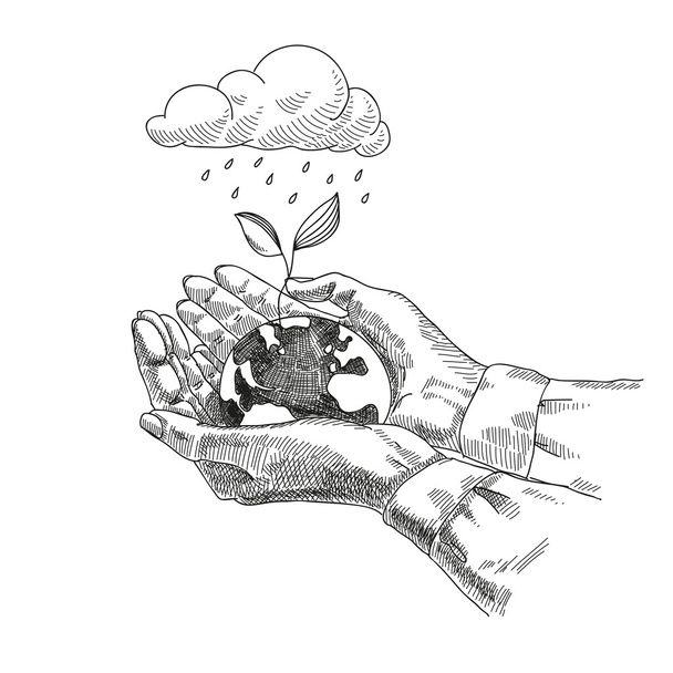 Земной шар в руках человека Защита планеты Уход за переработкой сохранить экологическую концепцию
 - Вектор,изображение