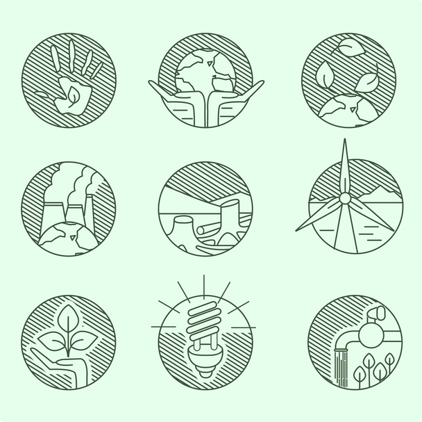Ecology organic signs eco and bio elements in hand drawn style nature planet protection care recycling save concept linear icons - Vector, Image