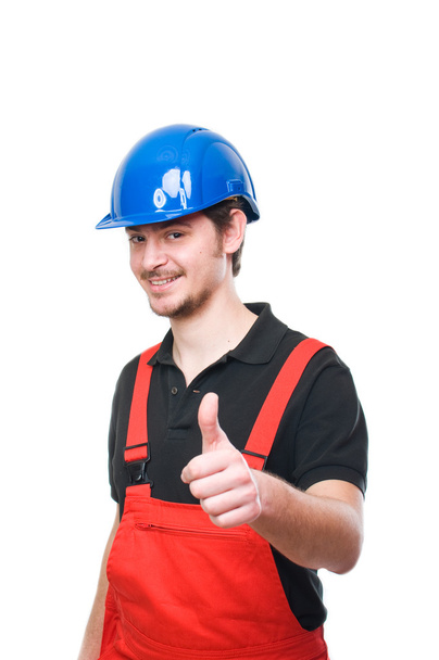 Portrait of a happy construction worker with thumb up - Zdjęcie, obraz