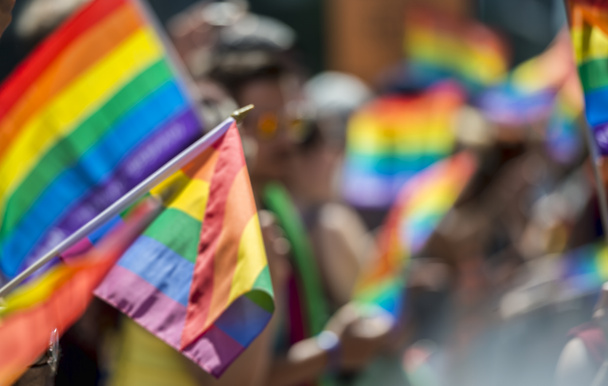Gaypride θεατές που μεταφέρουν γκέι σημαίες ουράνιο τόξο - Φωτογραφία, εικόνα