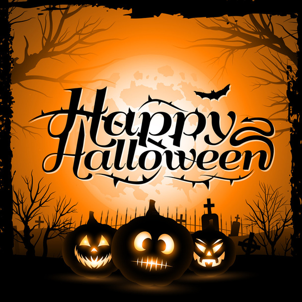 Vintage Feliz Halloween fondo tipográfico con calabazas y cementerio
 - Vector, imagen