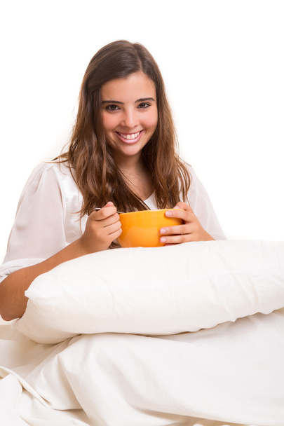 Žena snídá v posteli - Fotografie, Obrázek