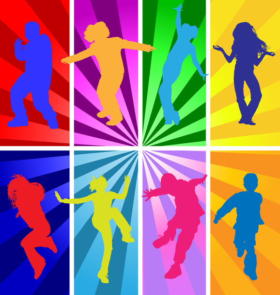 Vector silhouettes of jumping and dancing kids in retro style. - Διάνυσμα, εικόνα