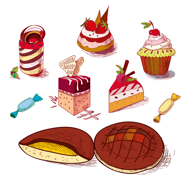 çizilmiş şekerlemelerde tatlı pasta fırın ürünleri cupcake kurabiye kek el - Vektör, Görsel