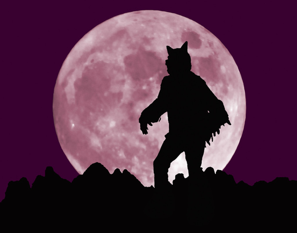 Un lupo mannaro sta minacciosamente davanti a una luna piena
 - Foto, immagini