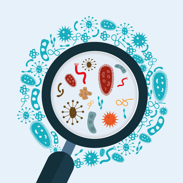 Magnifier glass  with bacteria - Vector, Image