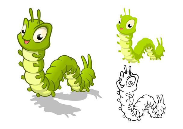 Detailed Caterpillar Cartoon Character with Flat Design and Line Art Black and White Version - Vector, Image