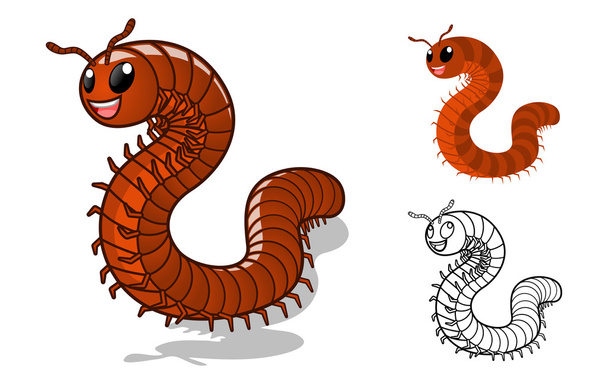 Detailed Millipede Cartoon Character with Flat Design and Line Art Black and White Version - Vector, Image
