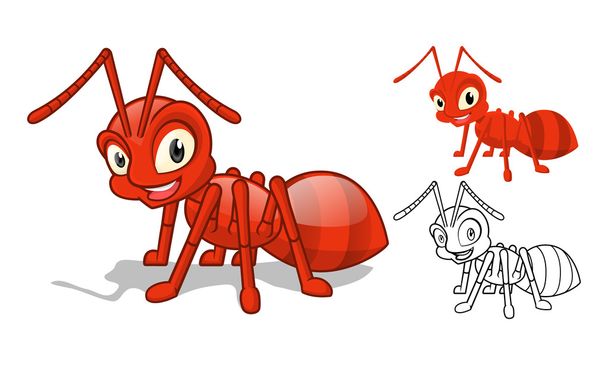 Gedetailleerde rode Ant Cartoon karakter met platte ontwerp en Line Art zwarte en witte versie - Vector, afbeelding