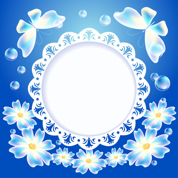  Blue background with transparent butterflies, flowers and openw - Vetor, Imagem