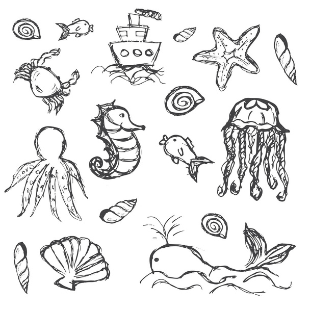 fish and sea life hand drawn doodle icons set eps10 - Vector, imagen