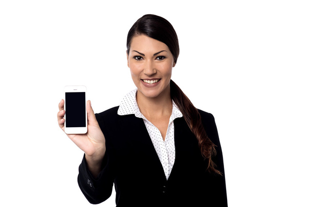 Female showing a new smart phone - Фото, изображение