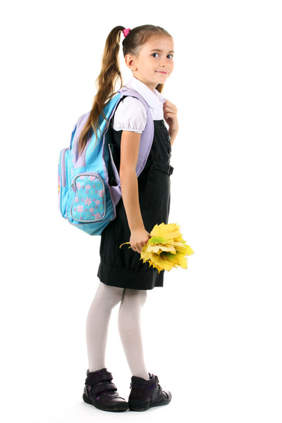 Portrait of beautiful little girl in school uniform with backpack and autum - Fotó, kép