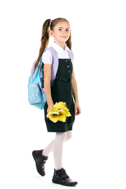 Portrait of beautiful little girl in school uniform with backpack and autum - Foto, immagini