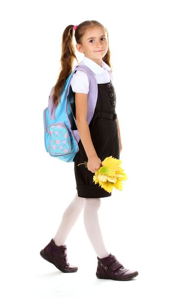 Portrait of beautiful little girl in school uniform with backpack and autum - Fotoğraf, Görsel