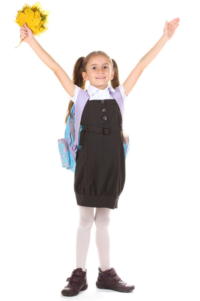 Portrait of beautiful little girl in school uniform with backpack and autum - Foto, Imagem