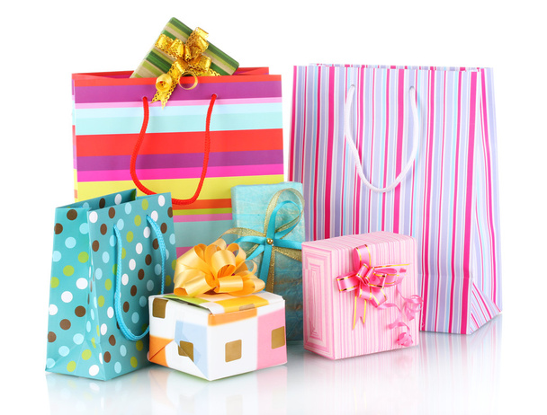 Bright gift bags and gifts isolated on white - Fotografie, Obrázek