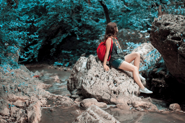 girl-traveler on the rock - Foto, Imagem