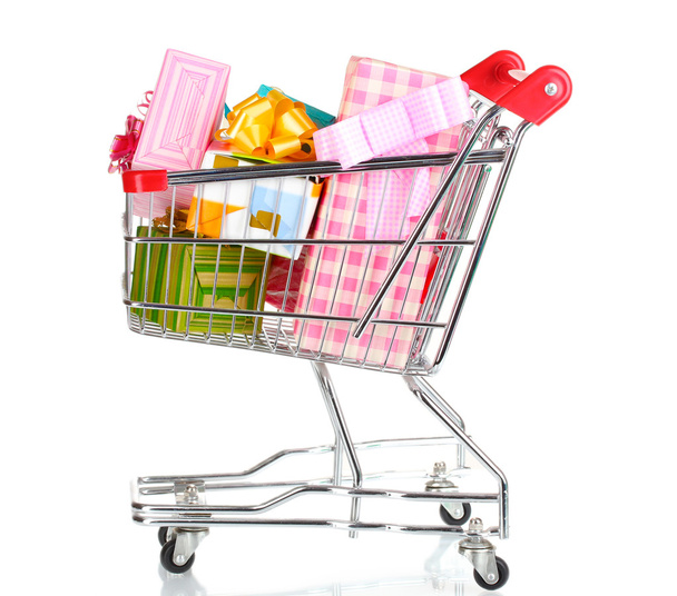 Shopping cart with bright gifts isolated on white - Foto, afbeelding