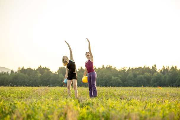 zwei junge, fitte Frauen beim Pilates-Training, bei dem sie einen Arm heben. - Foto, Bild