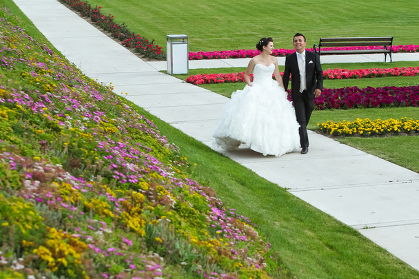 Bride and groom walking on pathway - Fotoğraf, Görsel
