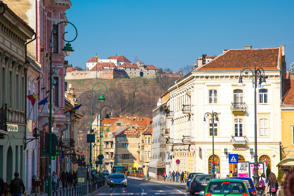 Street view and medieval fortress citadel in Rupea, Brasov, Romania - Foto, imagen