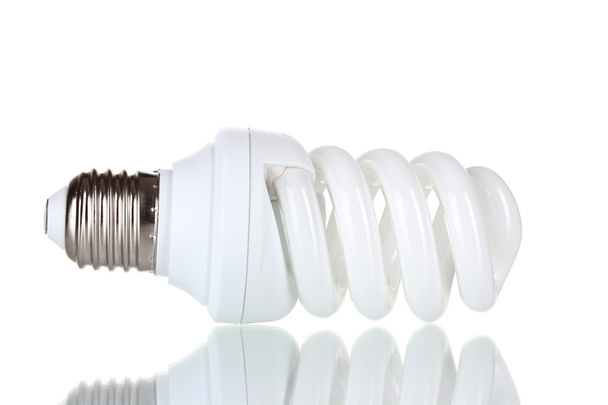 Lâmpada de poupança de energia isolada a branco
 - Foto, Imagem