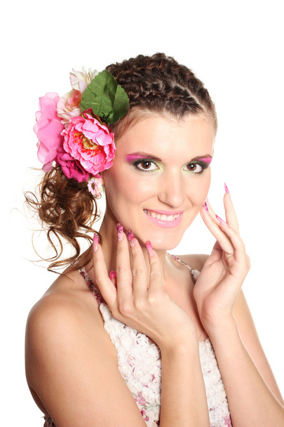 Bella ragazza con fiori nei capelli isolati su bianco
 - Foto, immagini