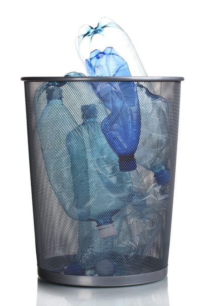 Metal trash bin from plastic bottles isolated on white - Zdjęcie, obraz