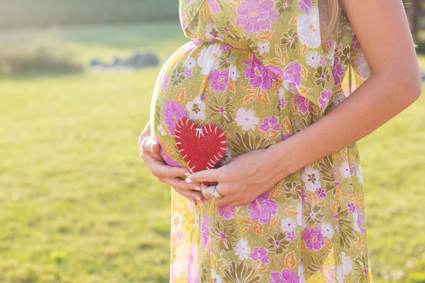 Barriga de mulher grávida e símbolo de coração vermelho
 - Foto, Imagem