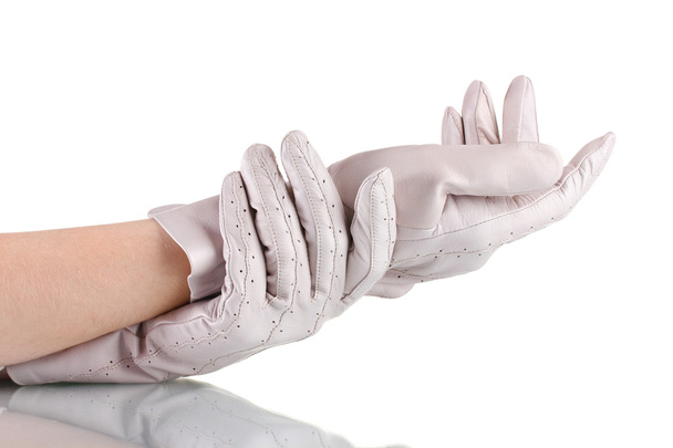Women's hands in gray leather gloves isolated on white - Φωτογραφία, εικόνα