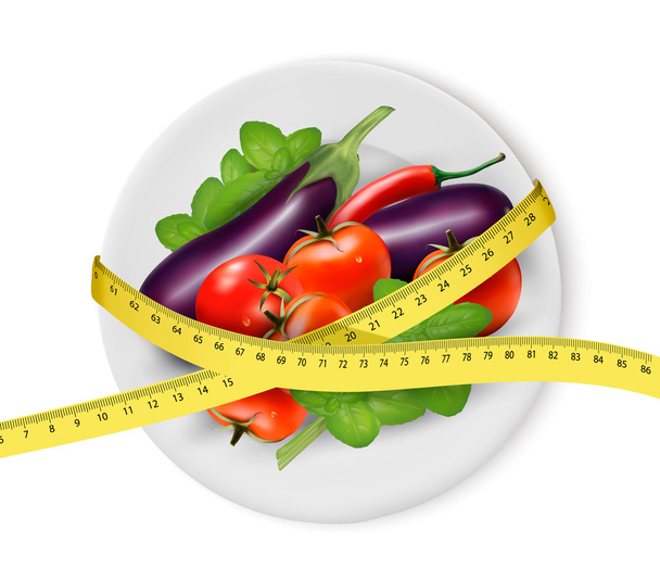 Vegetables on a plate with measuring tape. Dieting concept. Vect - Vector, Image