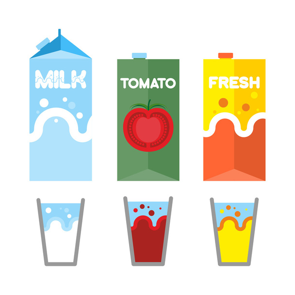 Set drinks in package. Milk, tomato juice, and fresh. Glasses fo - Вектор, зображення