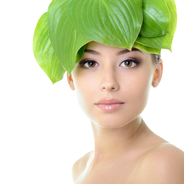 cheerful woman with green leaves - Photo, image
