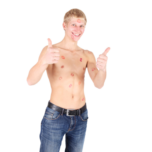 Young handsome guy with lipstick imprints - Foto, Bild