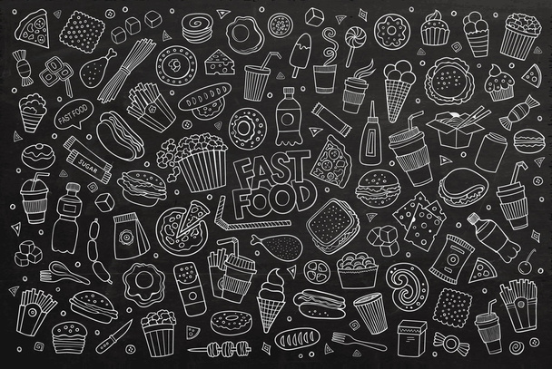 Fast food doodles hand drawn chalk board vector symbols  - Vector, Image