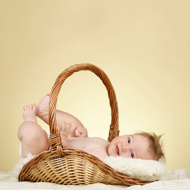 Adorable baby in wicker basket - Φωτογραφία, εικόνα