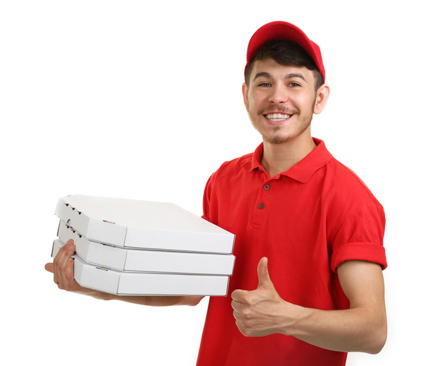 Delivery boy with cardboard pizza box isolated on white - Фото, изображение