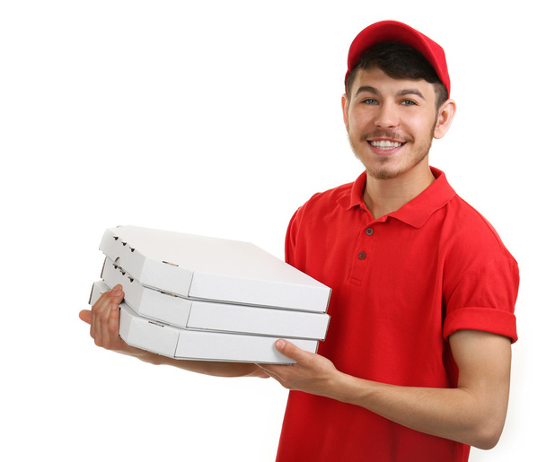 Delivery boy with cardboard pizza box isolated on white - Фото, изображение