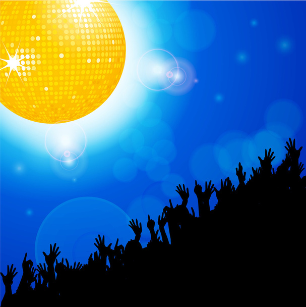 Disco bal met menigte over gloeiende blauwe achtergrond - Vector, afbeelding