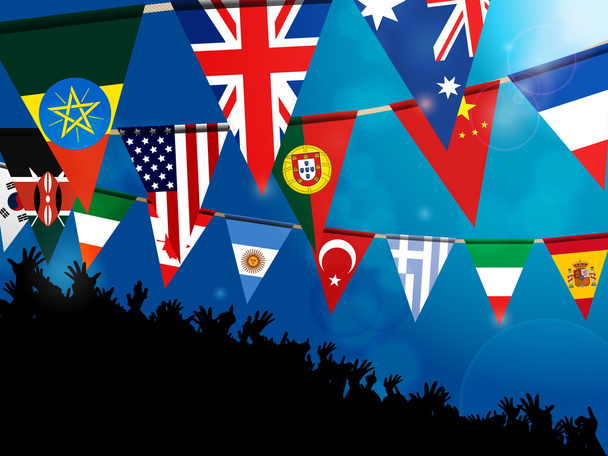 Banderas de banderines del mundo con multitud sobre fondo azul
 - Vector, imagen